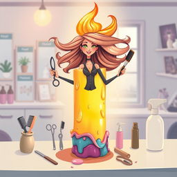 A whimsical illustration of a candle that creatively transforms into a dynamic hair stylist