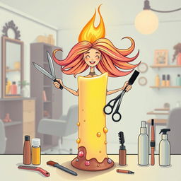 A whimsical illustration of a candle that creatively transforms into a dynamic hair stylist