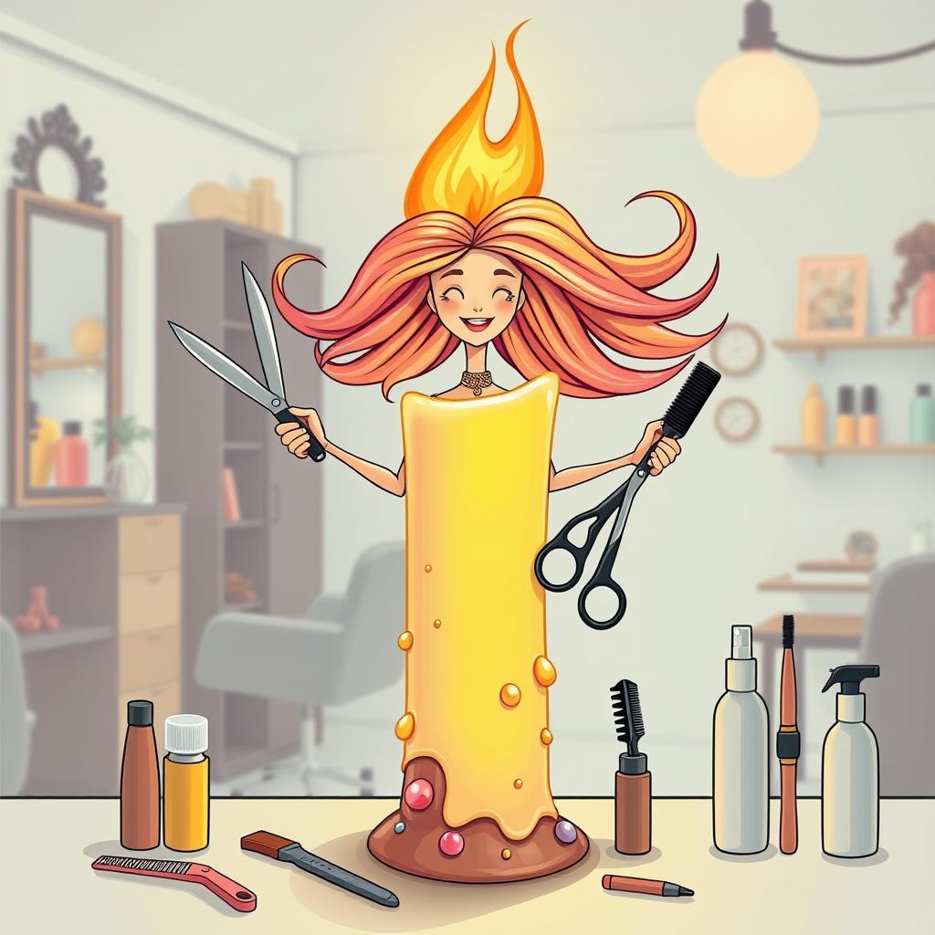 A whimsical illustration of a candle that creatively transforms into a dynamic hair stylist