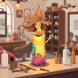 A whimsical illustration of a candle that creatively transforms into a dynamic hair stylist