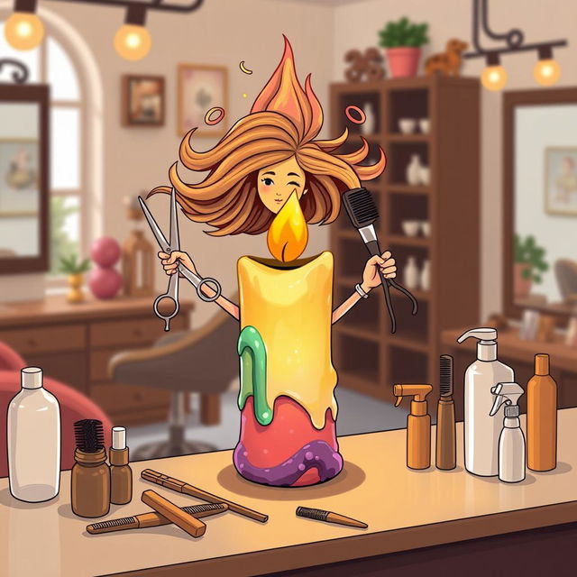 A whimsical illustration of a candle that creatively transforms into a dynamic hair stylist