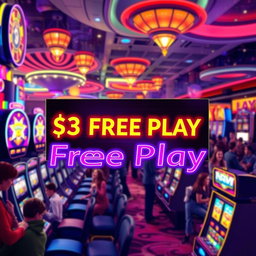 A vibrant illustration of a casino scene featuring a digital display showing a $3 free play offer
