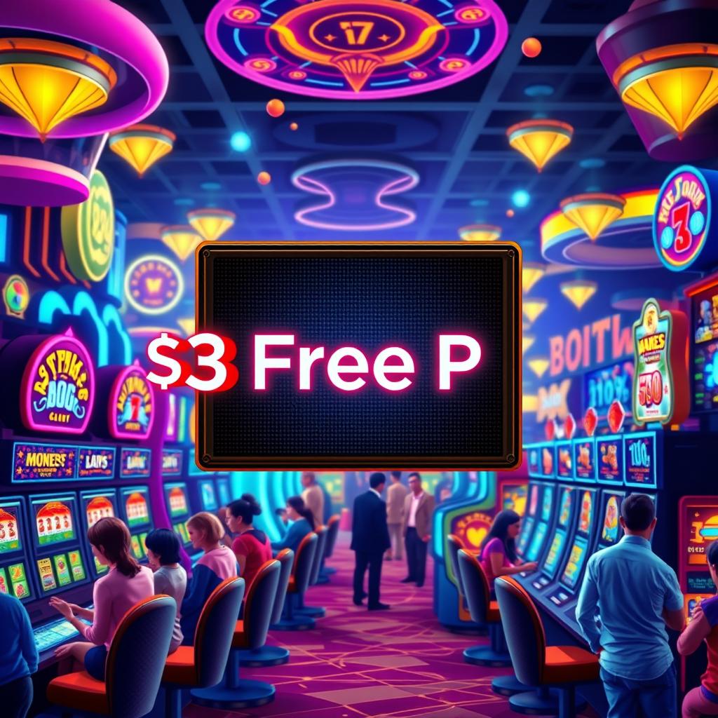 A vibrant illustration of a casino scene featuring a digital display showing a $3 free play offer