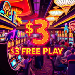 A vibrant illustration of a casino scene featuring a digital display showing a $3 free play offer
