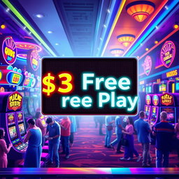 A vibrant illustration of a casino scene featuring a digital display showing a $3 free play offer
