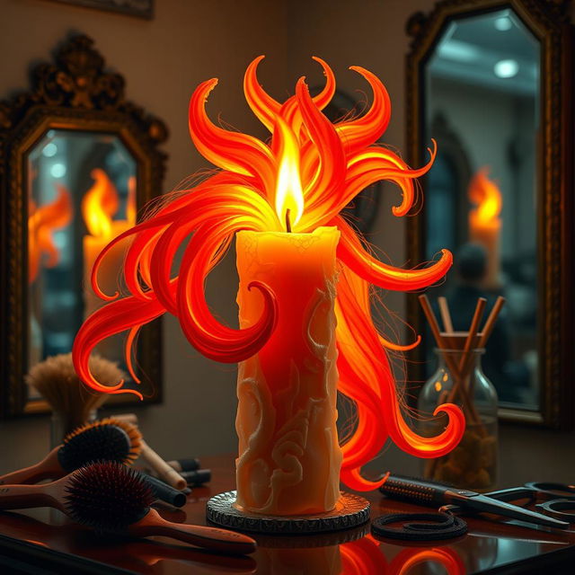 An imaginative scene showcasing a unique candle that transforms into a long-haired, flamboyant stylist named 'Flame Tresses'