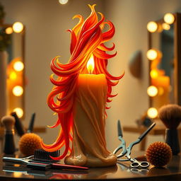 An imaginative scene showcasing a unique candle that transforms into a long-haired, flamboyant stylist named 'Flame Tresses'
