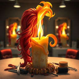 An imaginative scene showcasing a unique candle that transforms into a long-haired, flamboyant stylist named 'Flame Tresses'