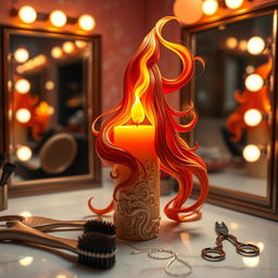 An imaginative scene showcasing a unique candle that transforms into a long-haired, flamboyant stylist named 'Flame Tresses'