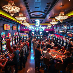 A vibrant casino scene showcasing a glamorous atmosphere filled with colorful slot machines, card tables, and enthusiastic players