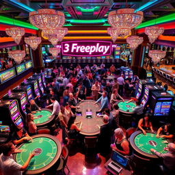 A vibrant casino scene showcasing a glamorous atmosphere filled with colorful slot machines, card tables, and enthusiastic players