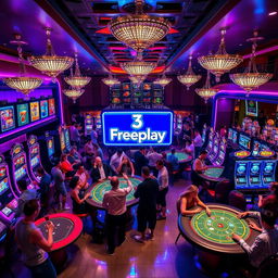 A vibrant casino scene showcasing a glamorous atmosphere filled with colorful slot machines, card tables, and enthusiastic players