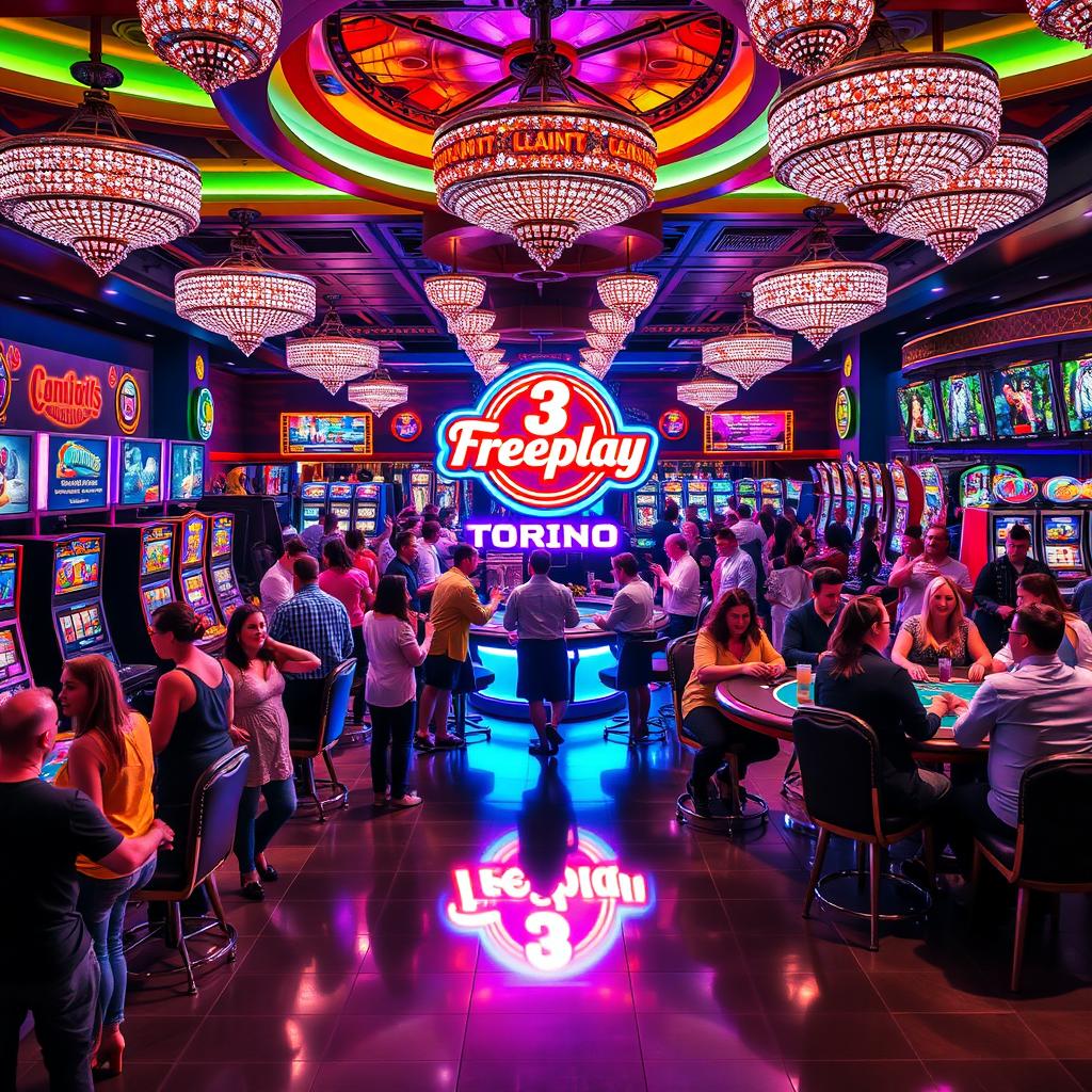 A vibrant casino scene showcasing a glamorous atmosphere filled with colorful slot machines, card tables, and enthusiastic players