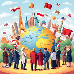 A detailed and visually appealing illustration of the global harmonization of law, showcasing various legal systems from different countries