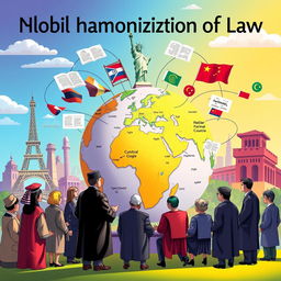 A detailed and visually appealing illustration of the global harmonization of law, showcasing various legal systems from different countries