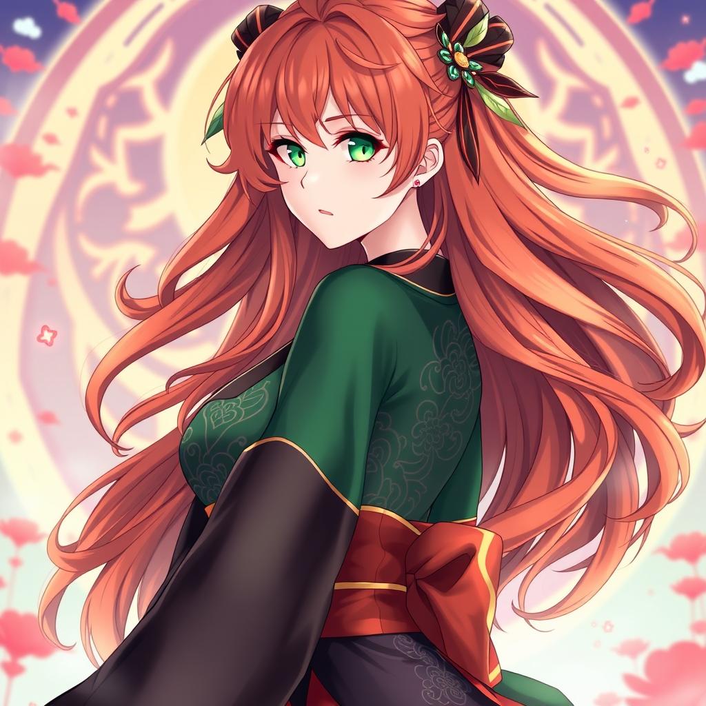 A stunning female original character from Genshin Impact, with long, wavy dark orange hair cascading down her back