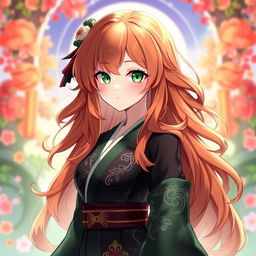 A stunning female original character from Genshin Impact, with long, wavy dark orange hair cascading down her back