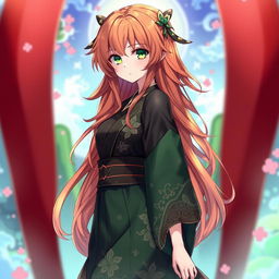 A stunning female original character from Genshin Impact, with long, wavy dark orange hair cascading down her back
