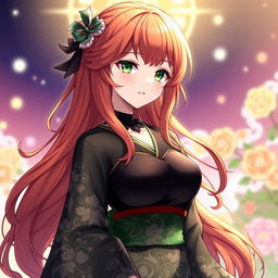 A stunning female original character from Genshin Impact, with long, wavy dark orange hair cascading down her back
