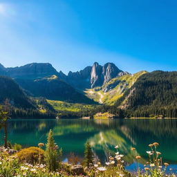 A stunning mountain landscape featuring vibrant green forests and rocky cliffs under a crisp blue sky