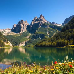 A stunning mountain landscape featuring vibrant green forests and rocky cliffs under a crisp blue sky