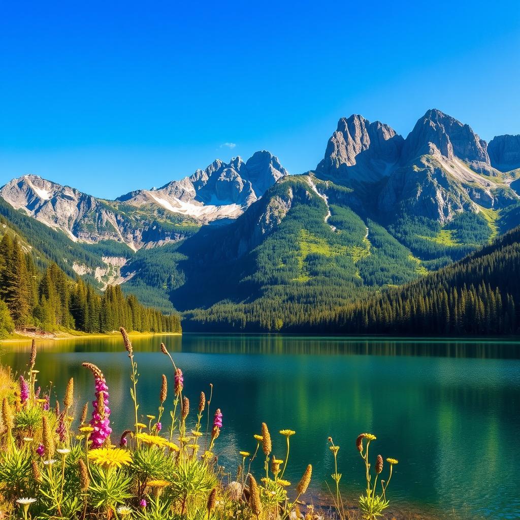 A stunning mountain landscape featuring vibrant green forests and rocky cliffs under a crisp blue sky