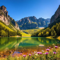 A stunning mountain landscape featuring vibrant green forests and rocky cliffs under a crisp blue sky