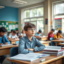 A classroom scene featuring a focused student sitting in the foreground, looking attentively at the teacher or board