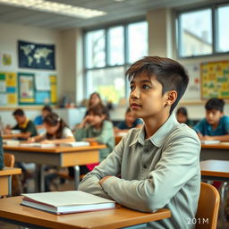 A classroom scene featuring a focused student sitting in the foreground, looking attentively at the teacher or board