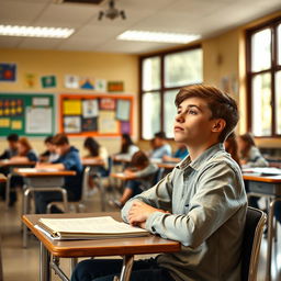 A classroom scene featuring a focused student sitting in the foreground, looking attentively at the teacher or board
