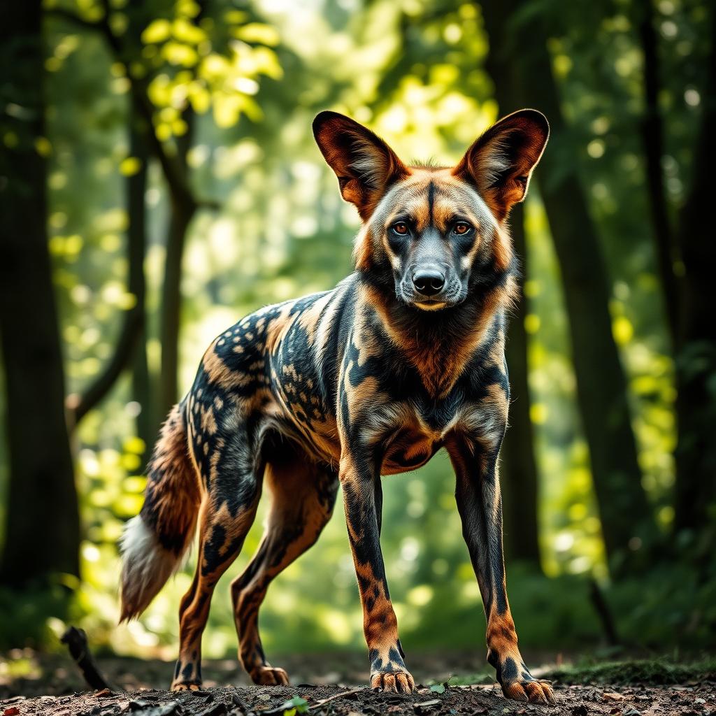 A powerful and majestic wild dog, showcasing its sleek fur and sharp features, standing proudly in a natural environment