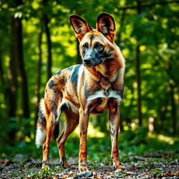 A powerful and majestic wild dog, showcasing its sleek fur and sharp features, standing proudly in a natural environment