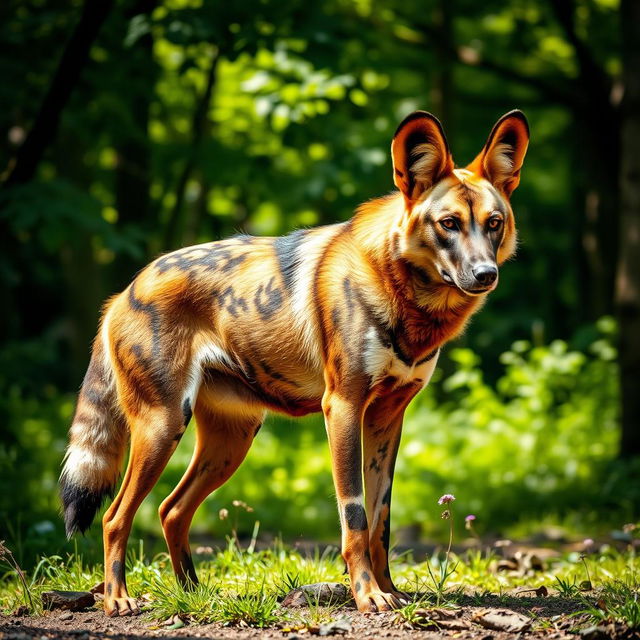 A powerful and majestic wild dog, showcasing its sleek fur and sharp features, standing proudly in a natural environment