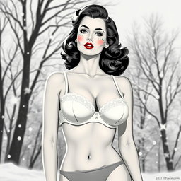 A 1950s illustration style of a black and white photo featuring a woman in underwear, showcasing her normal proportions