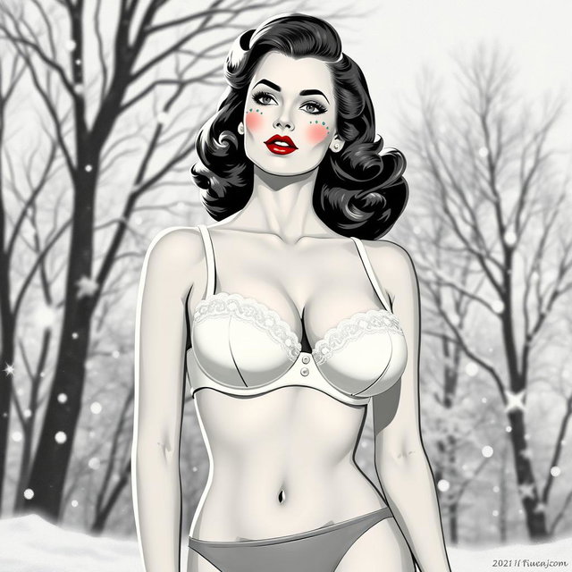 A 1950s illustration style of a black and white photo featuring a woman in underwear, showcasing her normal proportions