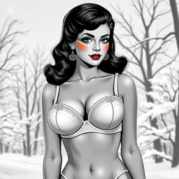 A 1950s illustration style of a black and white photo featuring a woman in underwear, showcasing her normal proportions