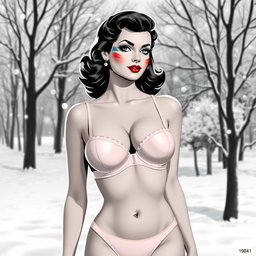 A 1950s illustration style of a black and white photo featuring a woman in underwear, showcasing her normal proportions