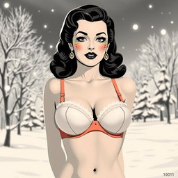 A 1950s illustration style of a black and white photo featuring a woman in underwear, showcasing her normal proportions