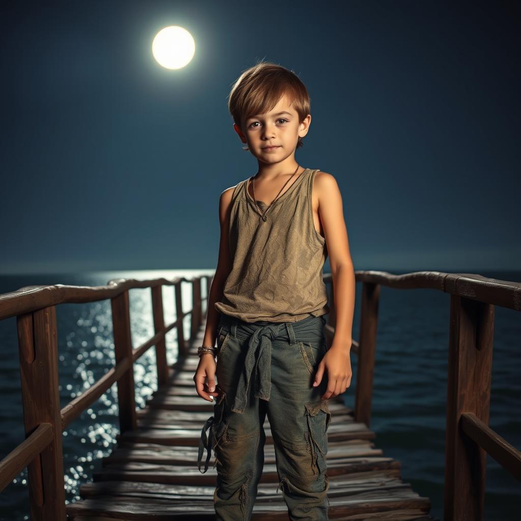 A charming young boy standing on an old wooden bridge above the sea at night