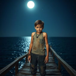A charming young boy standing on an old wooden bridge above the sea at night