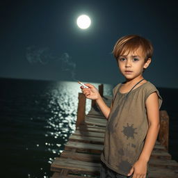 A charming young boy standing on an old wooden bridge above the sea at night
