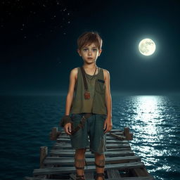 A charming young boy standing on an old wooden bridge above the sea at night