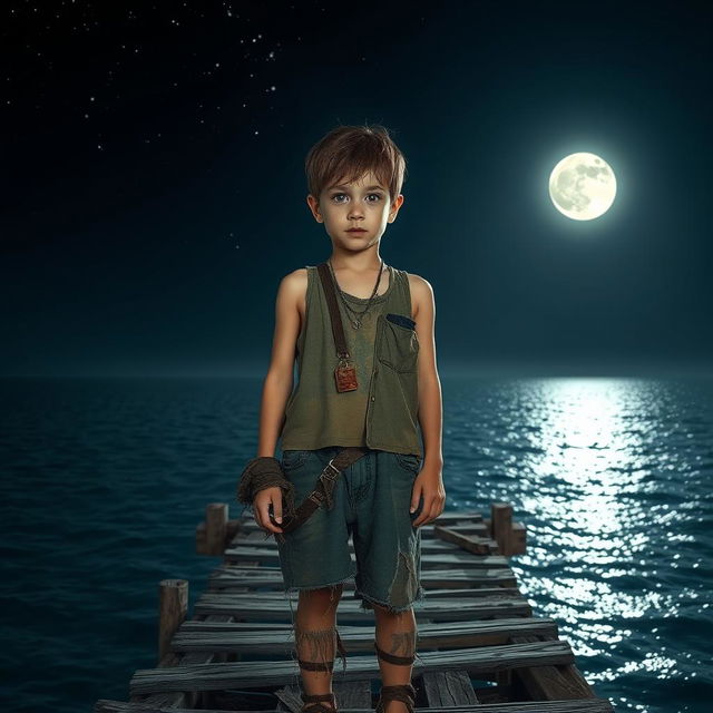 A charming young boy standing on an old wooden bridge above the sea at night