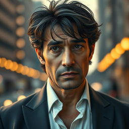 A hyper-realistic portrait of a character named Amir Ru, a middle-aged man with deep-set, expressive eyes and a thoughtful expression