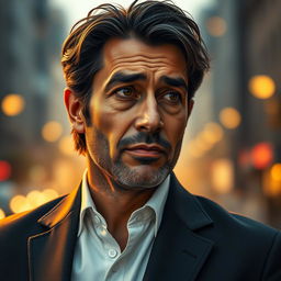 A hyper-realistic portrait of a character named Amir Ru, a middle-aged man with deep-set, expressive eyes and a thoughtful expression