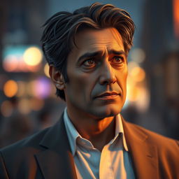A hyper-realistic portrait of a character named Amir Ru, a middle-aged man with deep-set, expressive eyes and a thoughtful expression