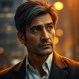A hyper-realistic portrait of a character named Amir Ru, a middle-aged man with deep-set, expressive eyes and a thoughtful expression