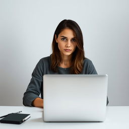 A focused young woman sitting in front of a laptop, deeply engaged in writing