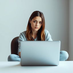 A focused young woman sitting in front of a laptop, deeply engaged in writing