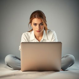 A focused young woman sitting in front of a laptop, deeply engaged in writing